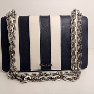 Prada Navy and White Striped Leather Shoulder Bag with Silver Chain